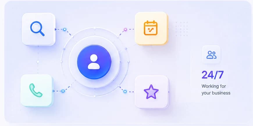 A central customer connected to four steps — search, phone, calendar, and reviews — working together 24/7 for your business.
