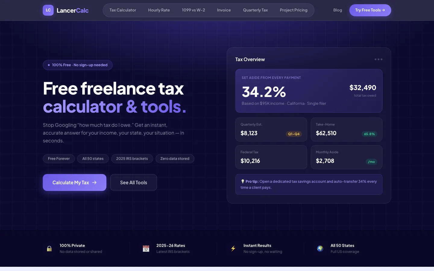 Screenshot of the LancerCalc website (SaaS calculator)