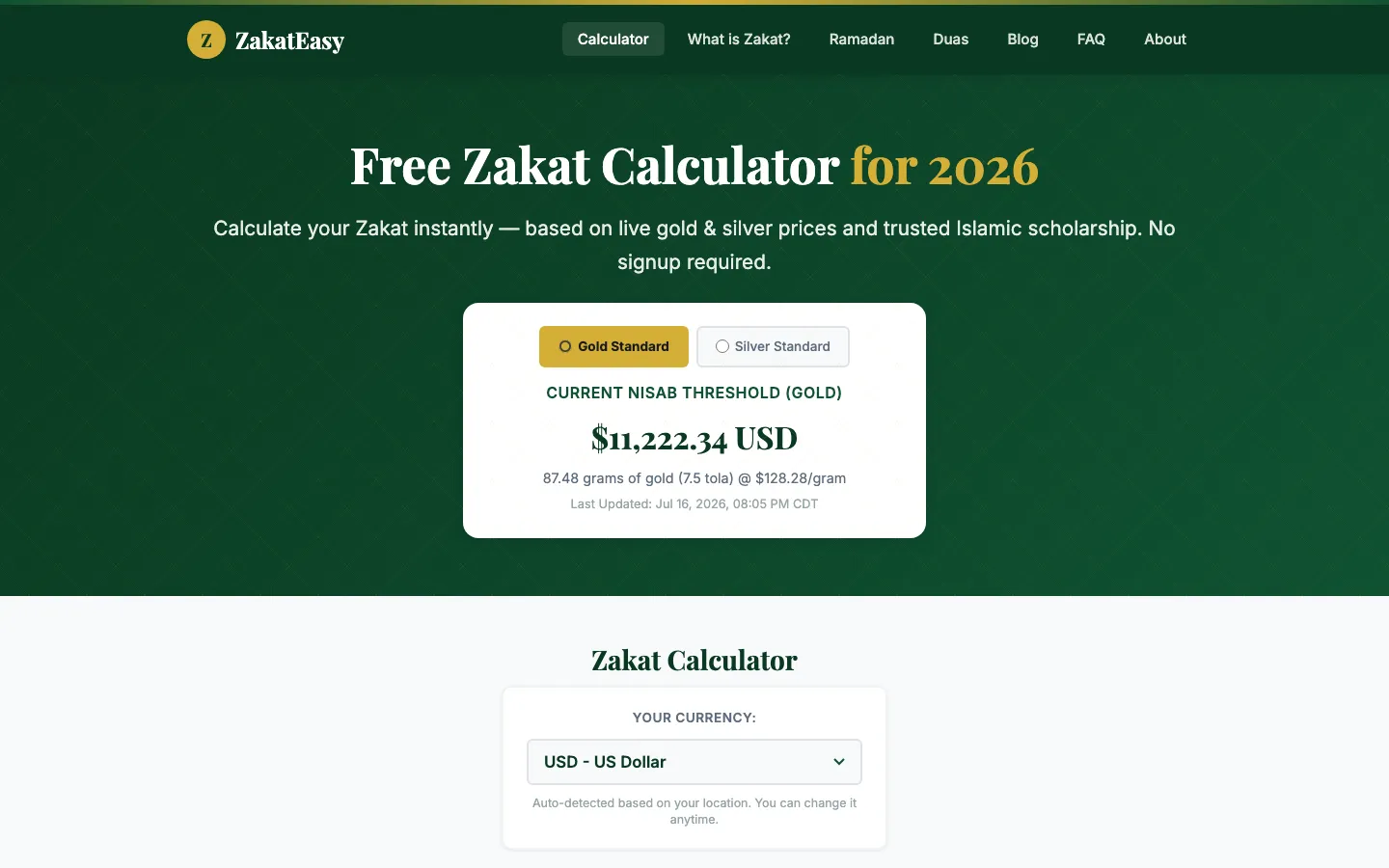 Screenshot of the ZakatEasy website (Nonprofit web app)